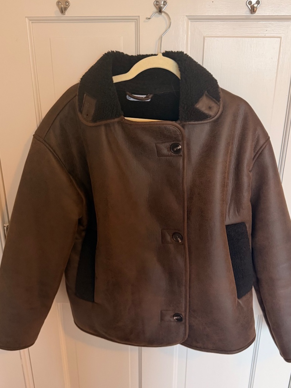 Princess Polly Nunez Faux Shearling Jacket Size 2 Brown Oversized Button Fr